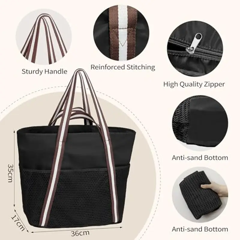 Borsa Mare Grande Donna in Nylon Impermeabile - Borsa da Spiaggia Impermeabile con Rete Tasche, Tote Bag Capiente con Cerniera per Spiaggia, Viaggi e Piscina (Nero) miniatura 3