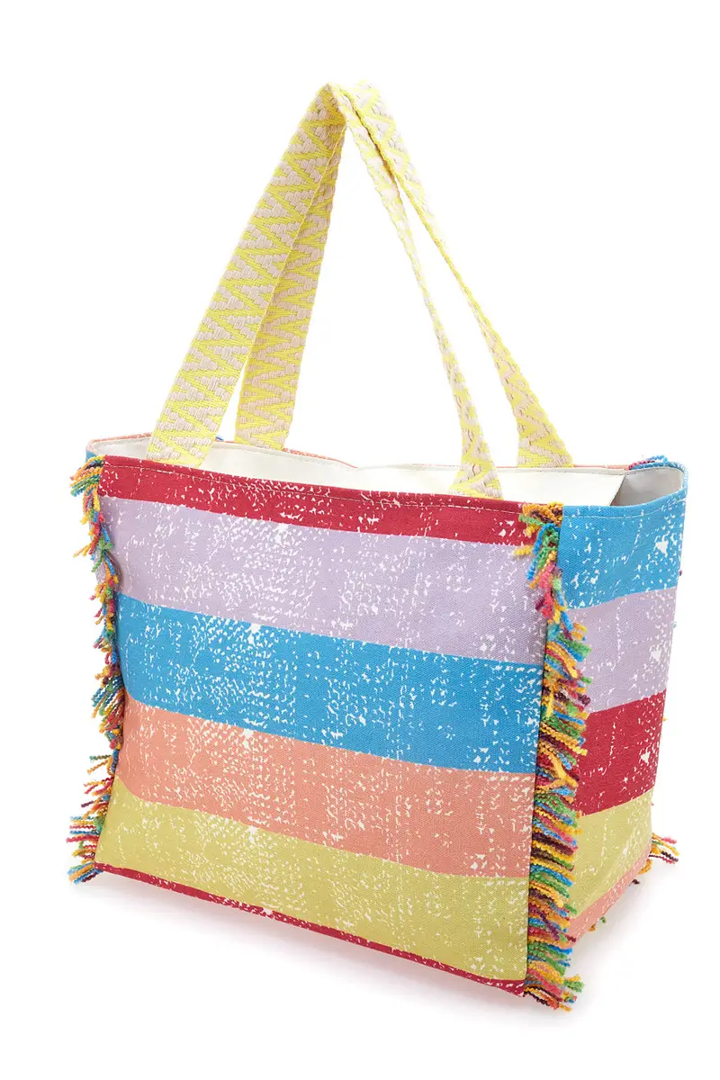 Borsa mare multicolor a righe con frange Basile 22172 miniatura 2