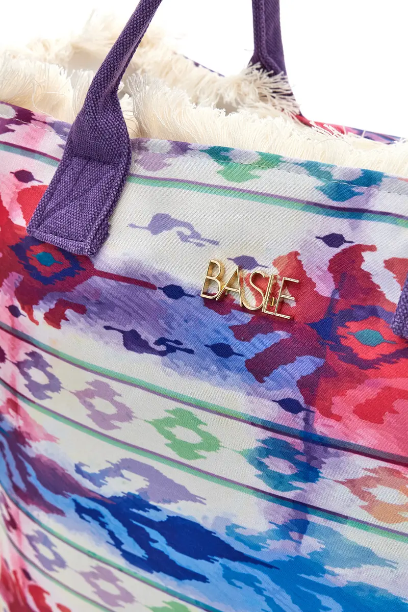 Borsa mare viola con stampa colorata e frange Basile BA23601 miniatura 3