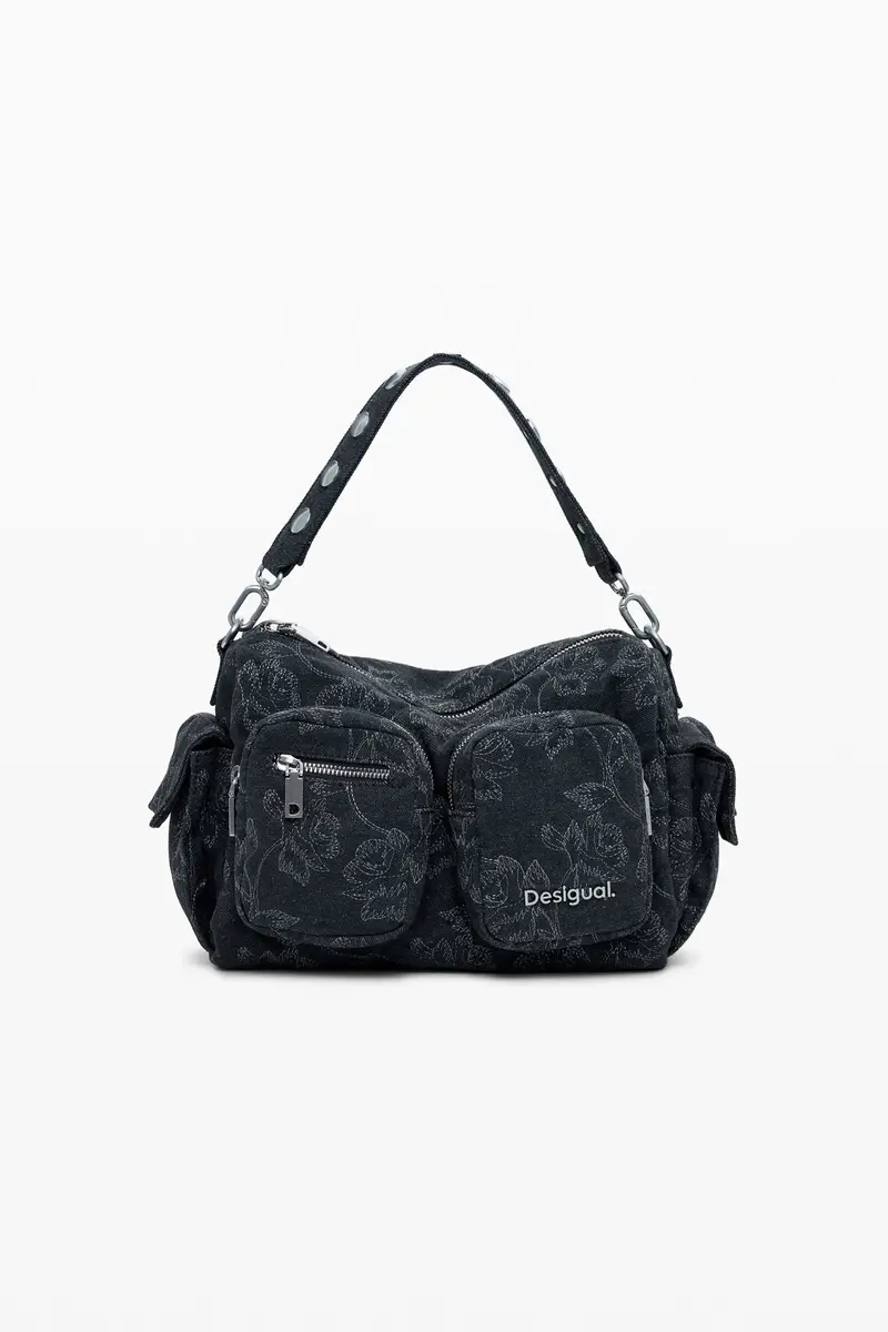 Borsa media in denim ricamata con multi-tasche