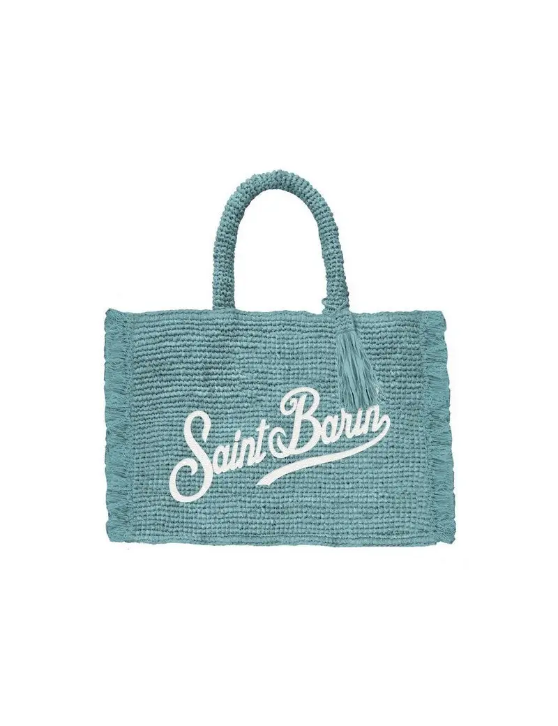 Borsa mini vanity rafia con frange e ricamo verde