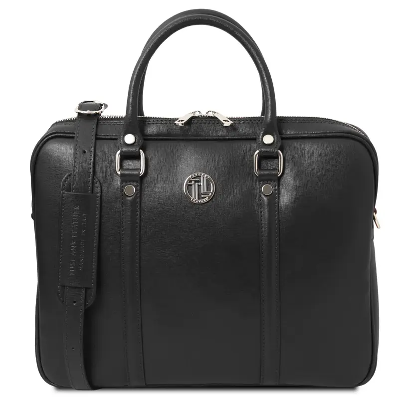 Borsa porta computer da donna in pelle saffiano Nero