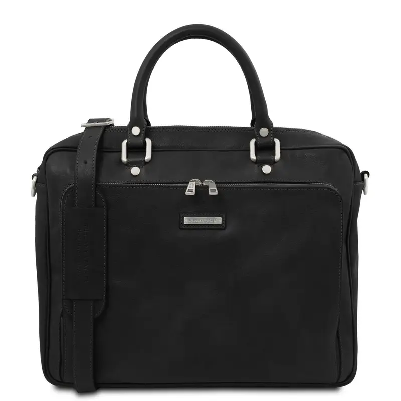 Borsa porta computer da lavoro con tasca frontale in pelle Nero