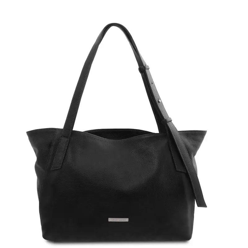 Borsa shopping in pelle morbida Nero
