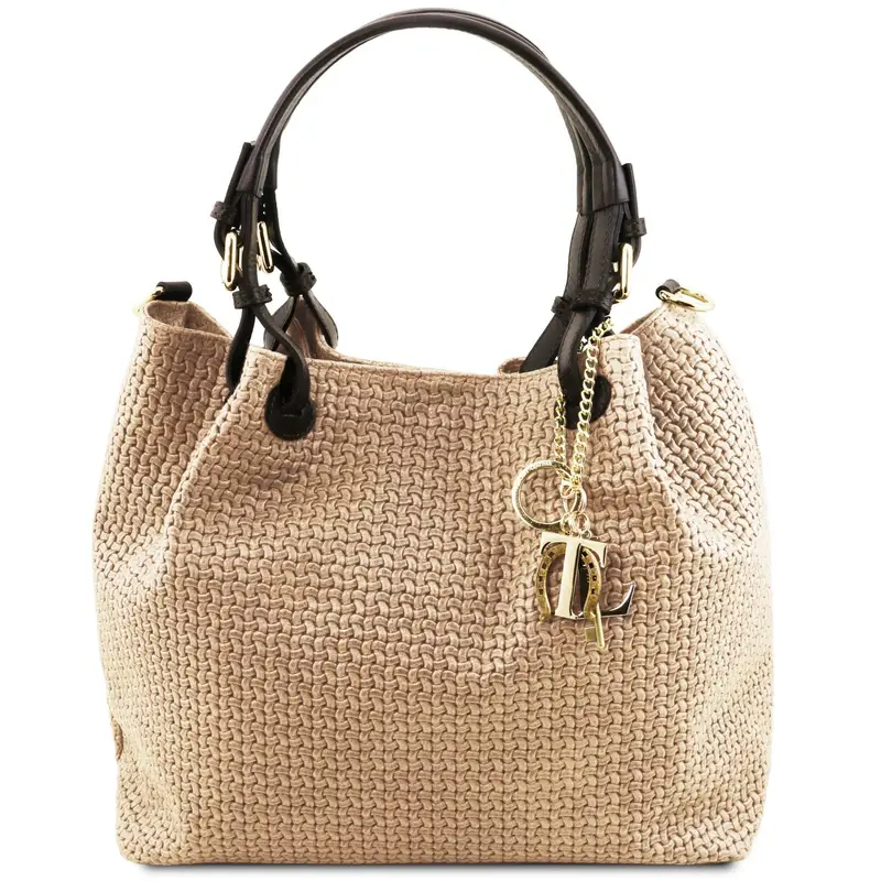 Borsa shopping in pelle stampa intrecciata Beige