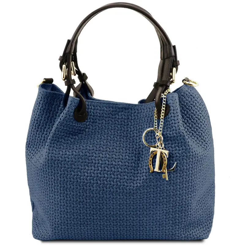 Borsa shopping in pelle stampa intrecciata Blu scuro