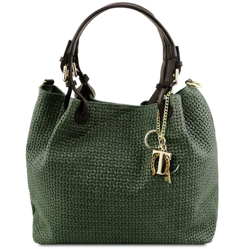 Borsa shopping in pelle stampa intrecciata Verde Foresta