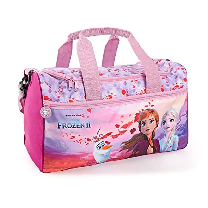 Borsa Sport Bambina con Stampa Principesse Anna Elsa Olaf - Sacca Sportiva Bimba Disney Frozen 2 con Tracolla - Borsone Palestra Rosa e Lilla per Bambine Tempo Libero e Viaggi - 35x22.5x15 - Perletti