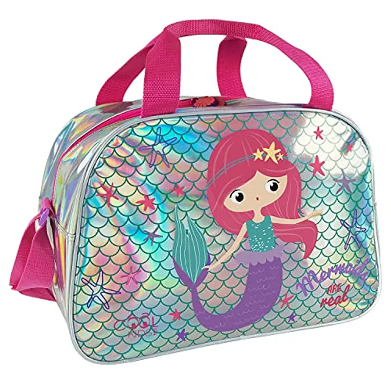 Borsa Sport Sirena Bimbe Argento Rosa con Tracolla - Borsone Palestra per Bambina Catarifrangente con Stelle - Sacca Sportiva per Bambine Viaggi Tempo Libero - 28x41,5x21 cm - Perletti (Sirenetta)