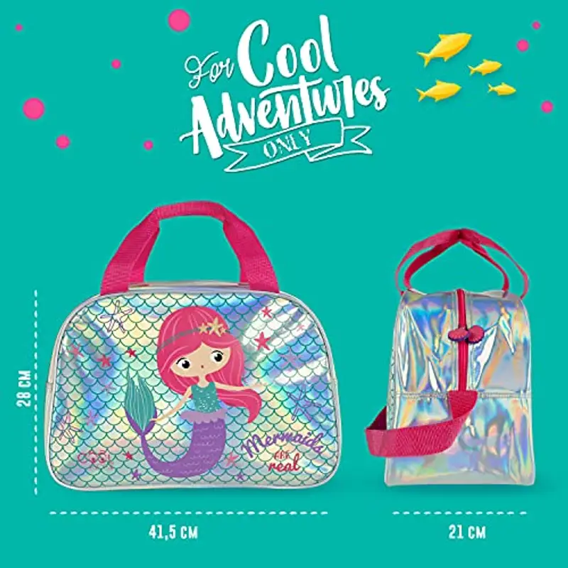 Borsa Sport Sirena Bimbe Argento Rosa con Tracolla - Borsone Palestra per Bambina Catarifrangente con Stelle - Sacca Sportiva per Bambine Viaggi Tempo Libero - 28x41, 5x21 cm - Perletti (Sirenetta) miniatura 2