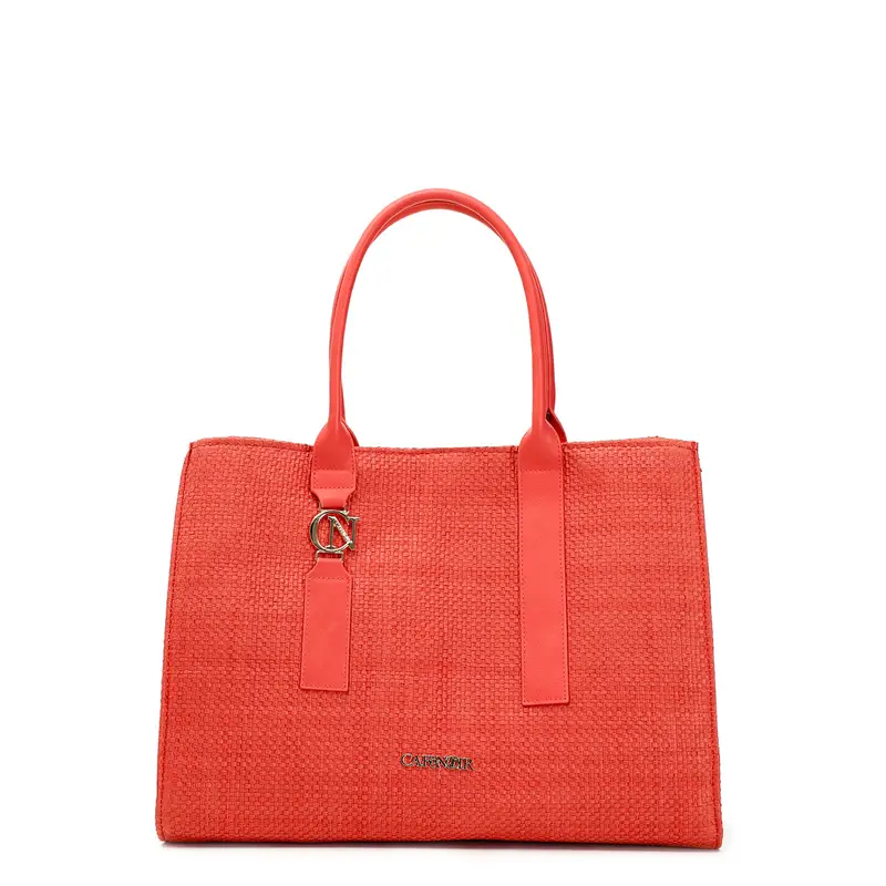 borsa squadrata con manici in tono e accessorio cafènoir corallo