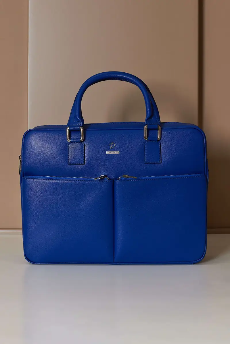Borsa Ventiquattrore in pelle di vitello bluette saffiano con doppia tasca D'Arienzo, Seleziona Taglia Unica, Colore Bluette