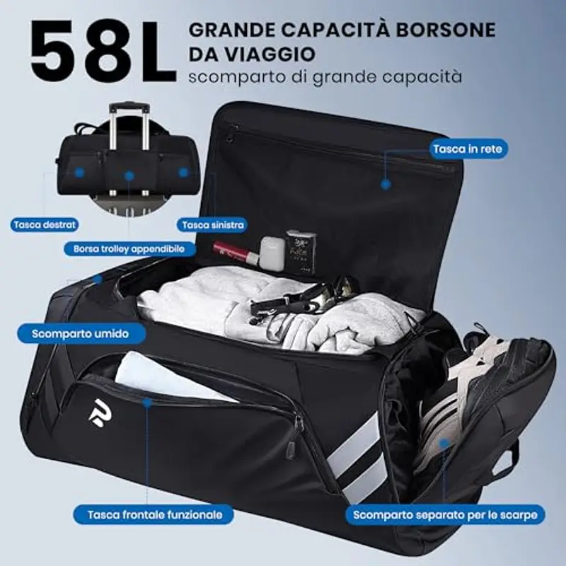 Borsone Palestra Uomo Donna, 58L Borsa Sportiva Uomo con Porta Scarpe e Tasca Umida da Viaggio, Borsone Palestra Impermeabile per il fitness, lo sport, il campeggio, i viaggi miniatura 2