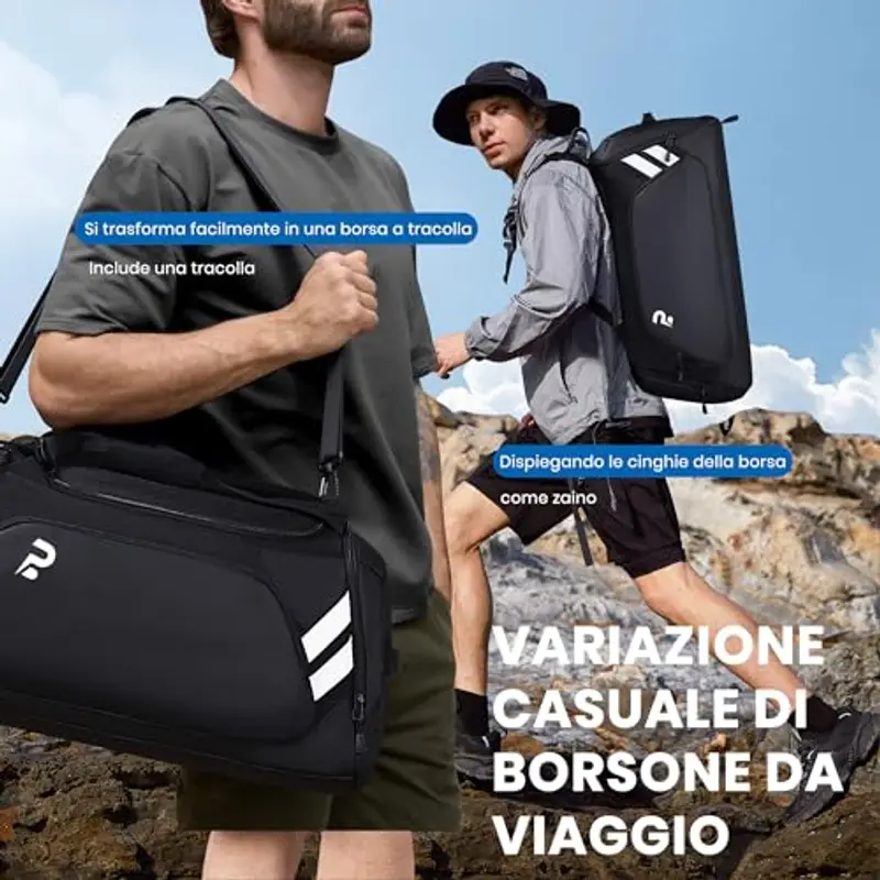 Borsone Palestra Uomo Donna, 58L Borsa Sportiva Uomo con Porta Scarpe e Tasca Umida da Viaggio, Borsone Palestra Impermeabile per il fitness, lo sport, il campeggio, i viaggi miniatura 3
