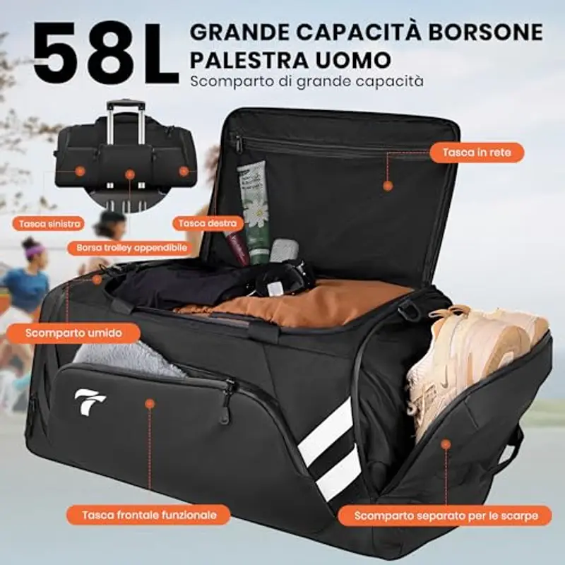 Borsone Palestra Uomo Donna, 58L Borsone per Uomo con Porta Scarpe e Tasca Umida da Viaggio, Spallacci Occultabili, Borsone Palestra Impermeabile per Viaggi, il Fitness, lo Sport, Campeggio miniatura 2