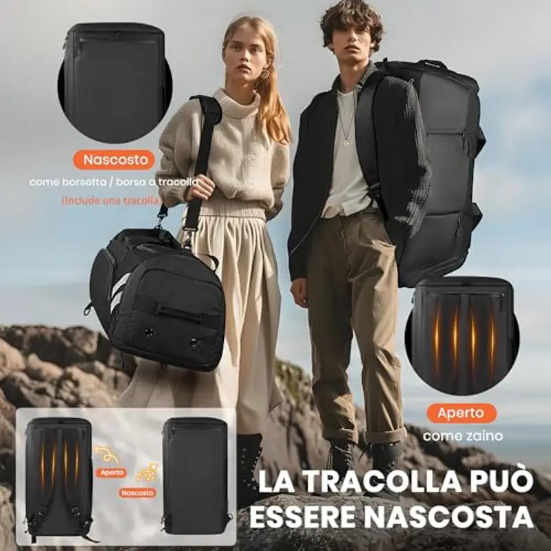 Borsone Palestra Uomo Donna, 58L Borsone per Uomo con Porta Scarpe e Tasca Umida da Viaggio, Spallacci Occultabili, Borsone Palestra Impermeabile per Viaggi, il Fitness, lo Sport, Campeggio miniatura 3