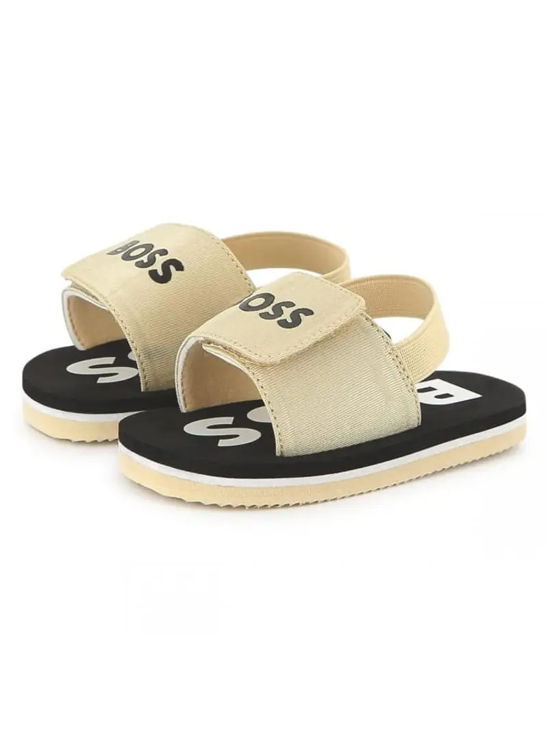 Boss ciabatte beige bambino in tessuto chiusura in velcro logo sul davanti