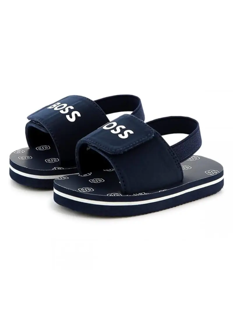 Boss ciabatte blu navy bambino in tessuto chiusura in velcro logo sul davanti