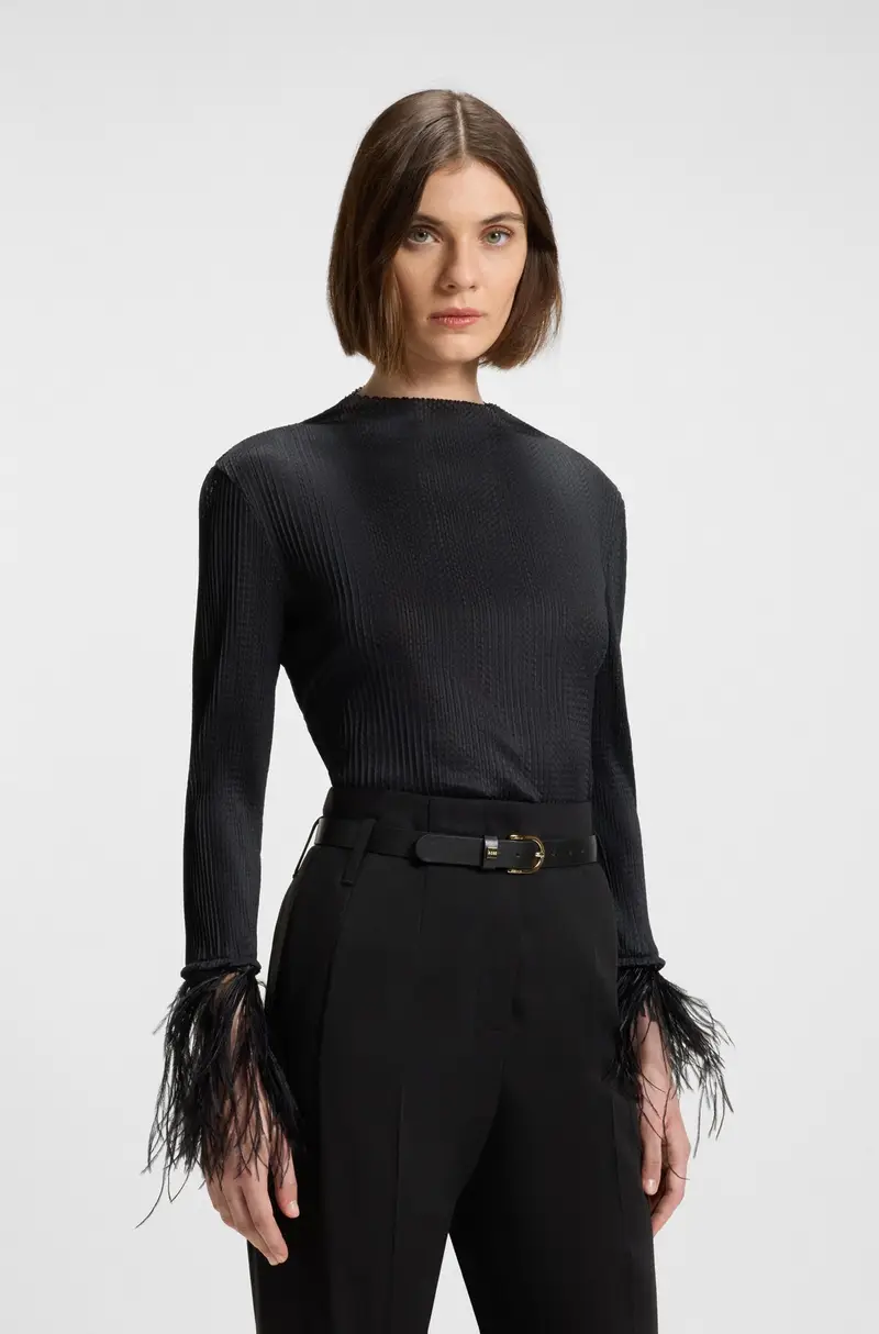 Boss Blusa Donna Slim Fit Nero con Guarnizioni in Piuma