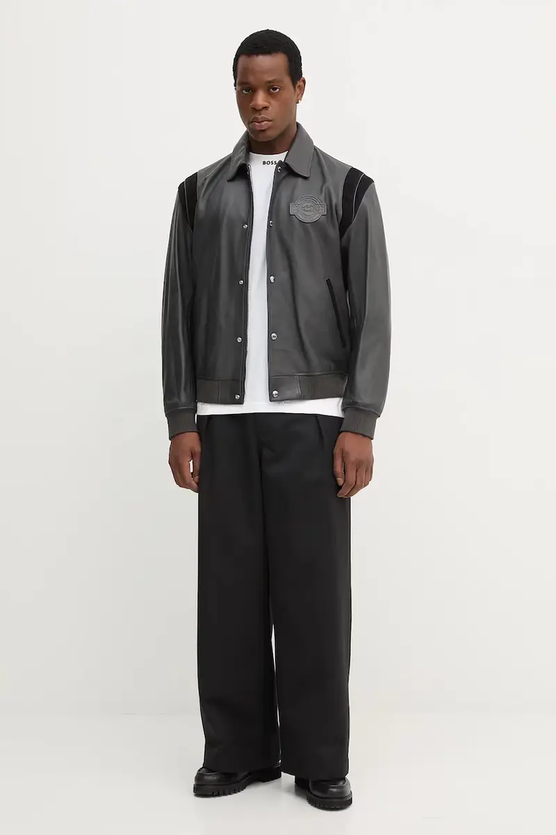 Boss Giacca in pelle grigia per uomo miniatura 2