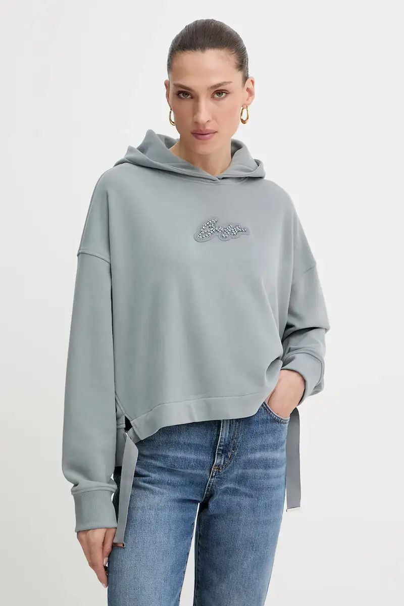 felpa in cotone donna colore grigio con cappuccio con applicazione 50545507