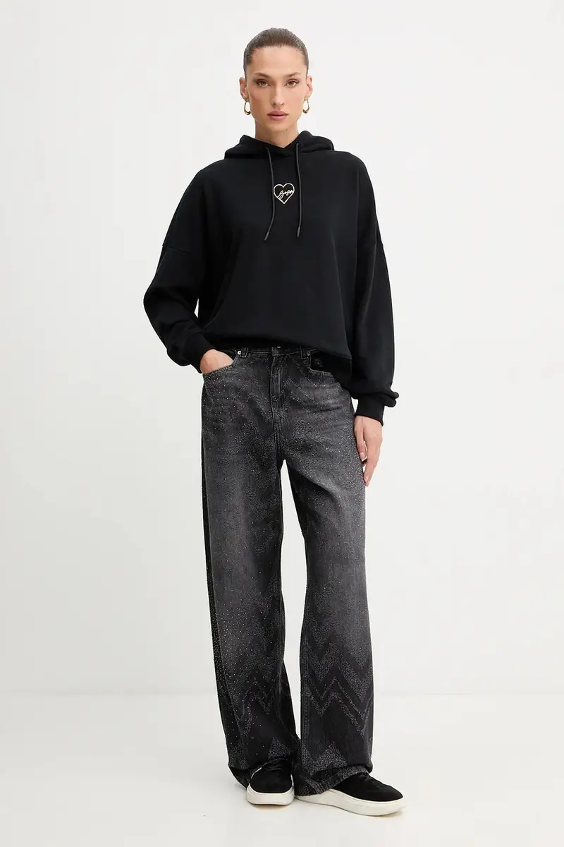 felpa in cotone donna colore nero con cappuccio con applicazione 50551429 miniatura 2