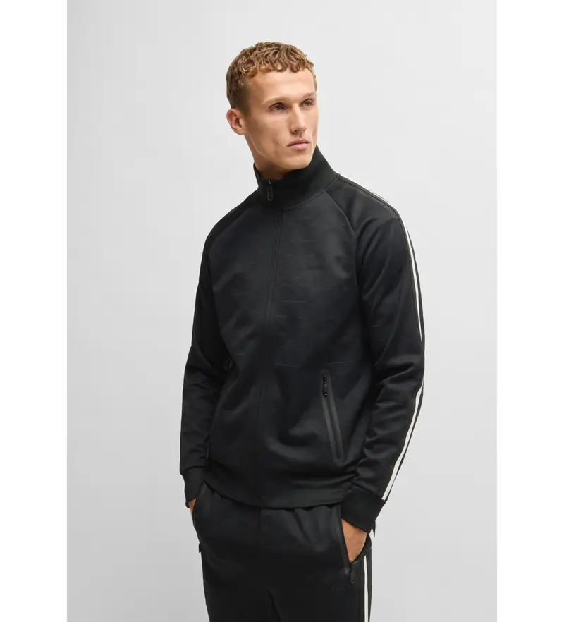 per uomo 50537370 Felpa jacquard circolare con zip e strisce laterali nere (L), Nero, Casual, Poliestere