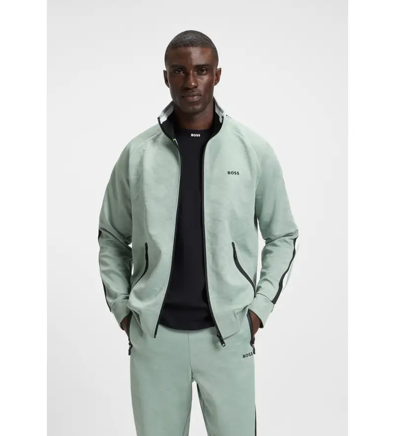 per uomo. 50537370 Felpa jacquard circolare con zip e strisce laterali verdi (L), Casual, Verde, Poliestere