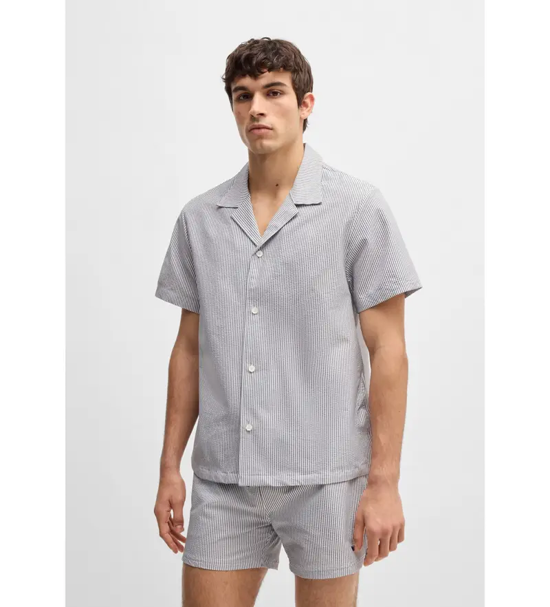 per uomo 50540037 Camicia da spiaggia regular fit in tessuto seersucker blu navy (XXL), Casual, Manica corta, Sostenibile, Cotone Rici