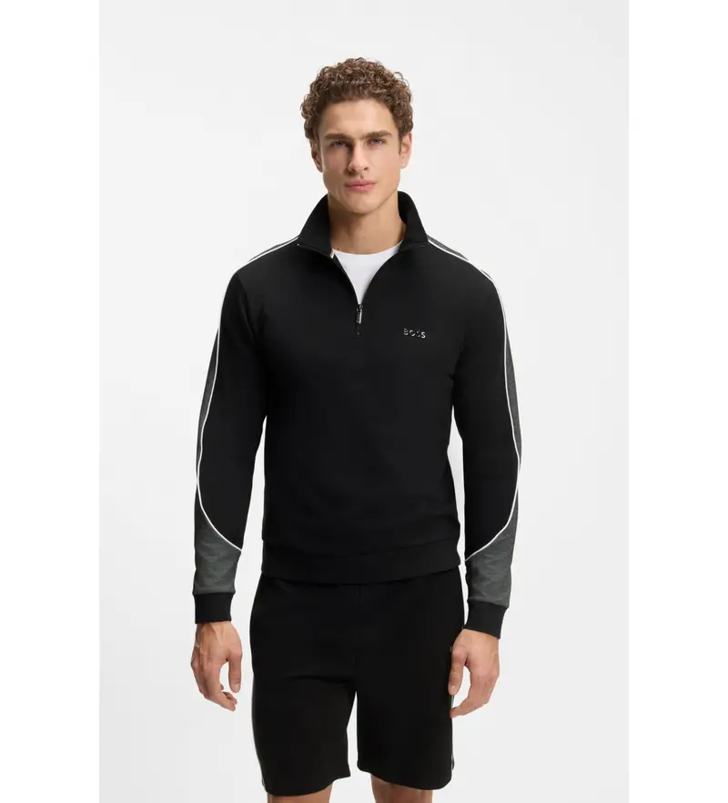per uomo 50554780 Felpa con zip e dettagli neri a contrasto (L), Nero, Casual, Homewear, Cotone