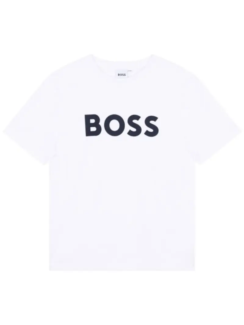 Boss tshirt bianca bambino in cotone con logo lettering frontale