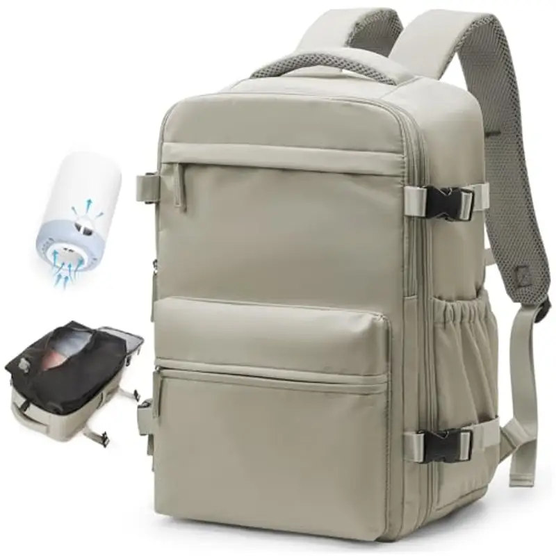 BOXSAM Zaino Sottovuoto Viaggio Con Pompa Zaino Esayjet 45x20x36 Aereo Bagaglio a Mano Borsa da Cabina per Donna Uomo Zaini 15.6 Pollici Porta PC Casual Impermeabile Daypack Marrone.