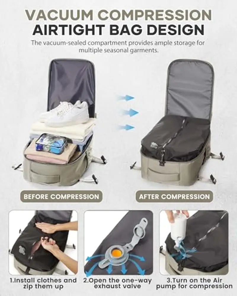 BOXSAM Zaino Sottovuoto Viaggio Con Pompa Zaino Esayjet 45x20x36 Aereo Bagaglio a Mano Borsa da Cabina per Donna Uomo Zaini 15.6 Pollici Porta PC Casual Impermeabile Daypack Marrone miniatura 3