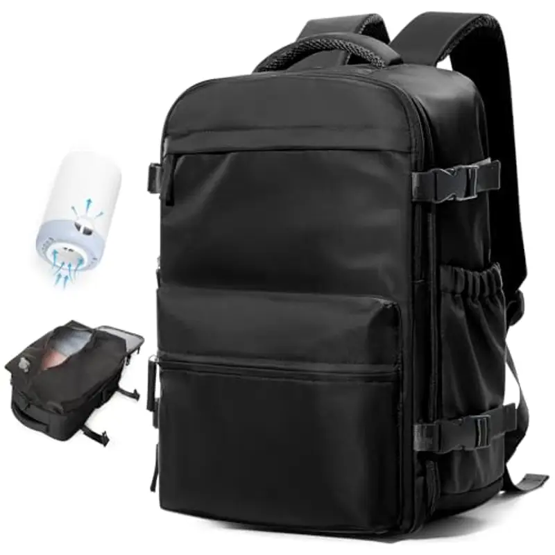 BOXSAM Zaino Sottovuoto Viaggio Con Pompa Zaino Esayjet 45x20x36 Aereo Bagaglio a Mano Borsa da Cabina per Donna Uomo Zaini 15.6 Pollici Porta PC Casual Impermeabile Daypack Nero.