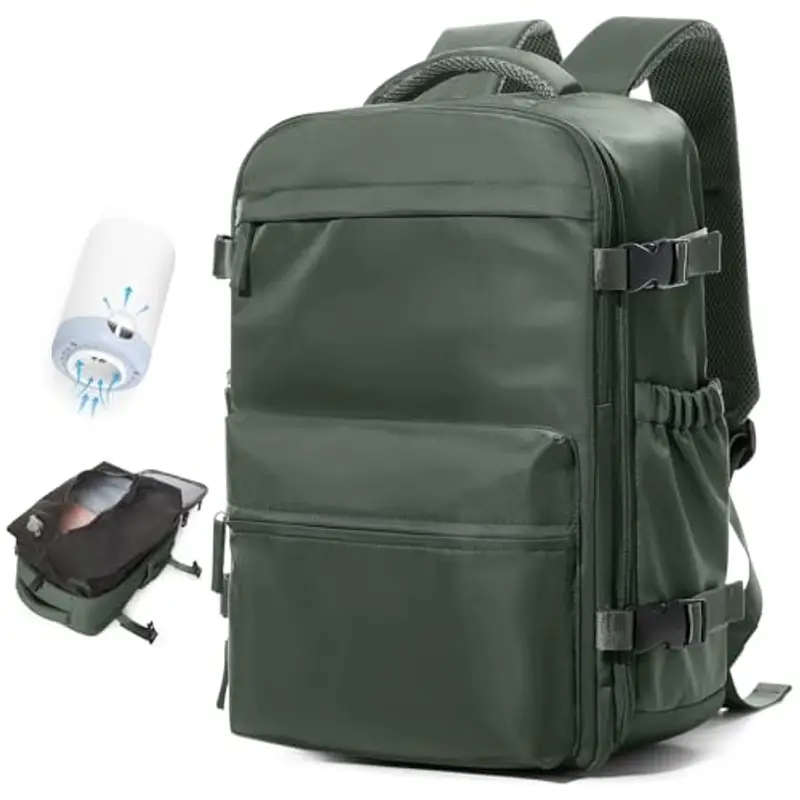 BOXSAM Zaino Sottovuoto Viaggio Con Pompa Zaino Esayjet 45x20x36 Aereo Bagaglio a Mano Borsa da Cabina per Donna Uomo Zaini 15.6 Pollici Porta PC Casual Impermeabile Daypack Verde.