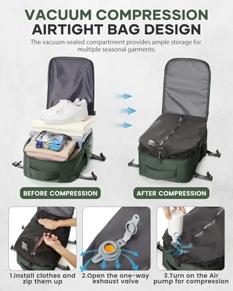 BOXSAM Zaino Sottovuoto Viaggio Con Pompa Zaino Esayjet 45x20x36 Aereo Bagaglio a Mano Borsa da Cabina per Donna Uomo Zaini 15.6 Pollici Porta PC Casual Impermeabile Daypack Verde miniatura 3