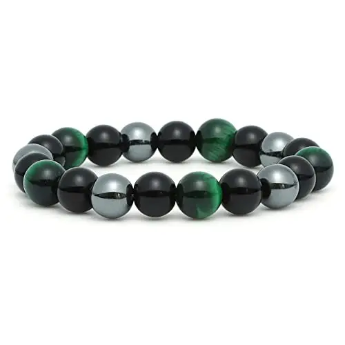 Bracciale a tripla protezione, Bracciale in cristallo di ossidiana da 10 mm, Bracciale in pietra con occhio di tigre