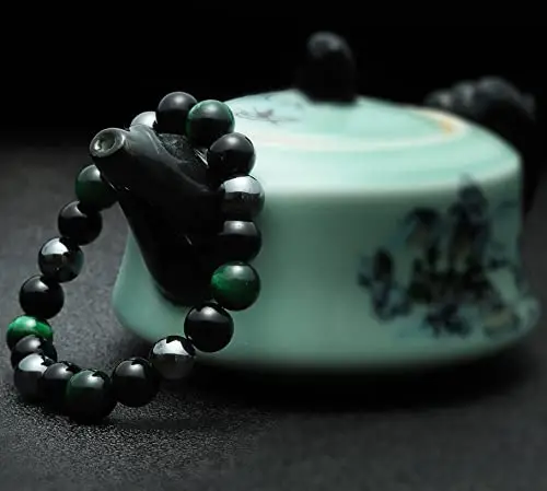 Bracciale a tripla protezione, Bracciale in cristallo di ossidiana da 10 mm, Bracciale in pietra con occhio di tigre miniatura 3