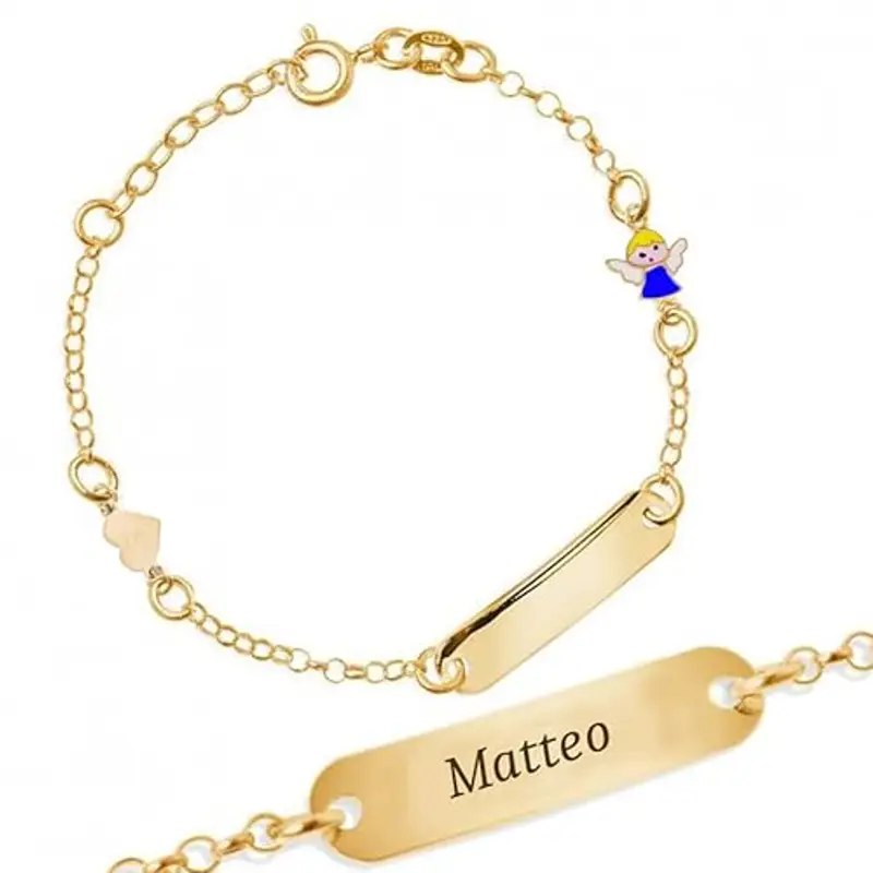 Bracciale Argento 925 Bimbo Piastrina Personalizzabile con Nome e Angioletto Smaltato Blu Kids Collection + Confezione Regalo Personalizzata - Braccialetto per Nascita Comunione o Battesimo