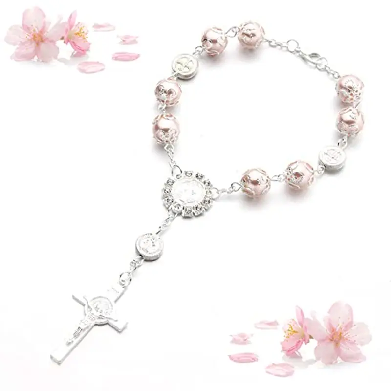 Bracciale Croce Cattolica, Bracciale Croce Cattolica Regolabile, Braccialetto di Perle Cattoliche, per Compleanni,