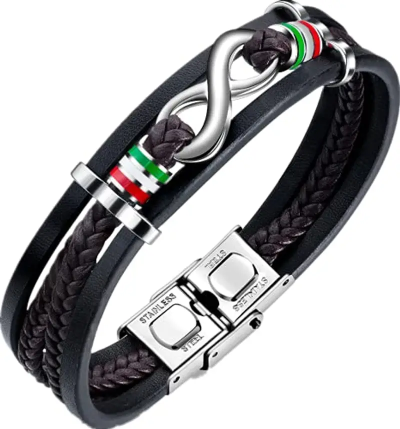 Bracciale da uomo in pelle nera intrecciata, con simbolo dell'infinito, in vera pelle, ideale come regalo, 21 cm, Pelle