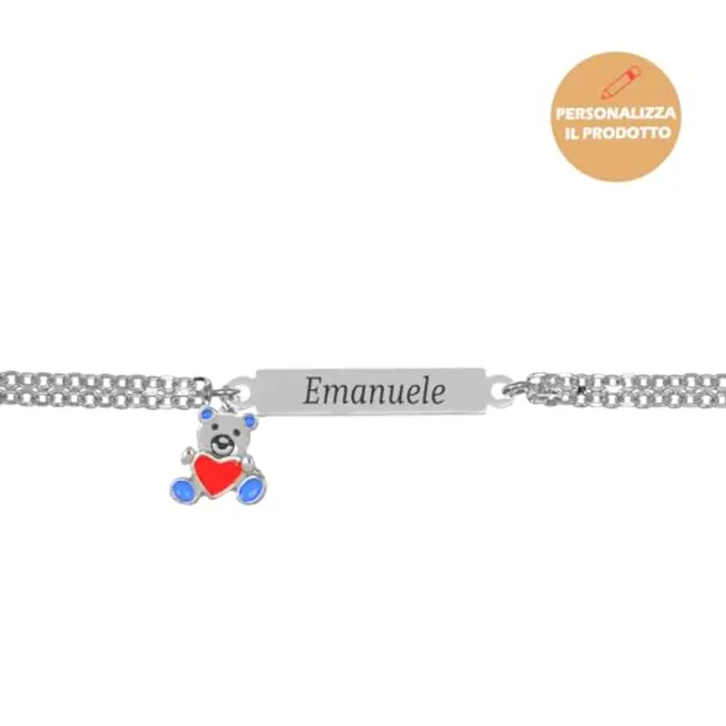 Bracciale in Argento 925 con Piastrina Personalizzabile con Nome e Orsetto Smaltato + Idea Regalo Bambina e Bambino - Braccialetto Dolce per Nascita, Battesimo, Comunione, Compleanno (Azzurro) miniatura 2