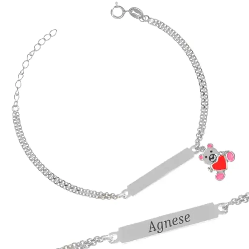 Bracciale in Argento 925 con Piastrina Personalizzabile con Nome e Orsetto Smaltato + Idea Regalo Bambina e Bambino - Braccialetto Dolce per Nascita, Battesimo, Comunione, Compleanno (Rosa)