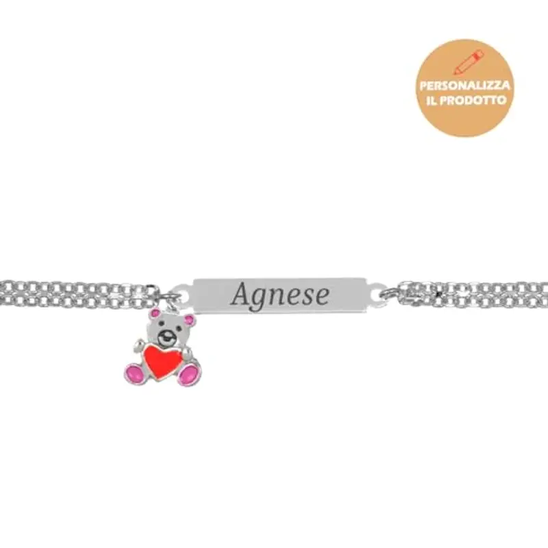Bracciale in Argento 925 con Piastrina Personalizzabile con Nome e Orsetto Smaltato + Idea Regalo Bambina e Bambino - Braccialetto Dolce per Nascita, Battesimo, Comunione, Compleanno (Rosa) miniatura 2