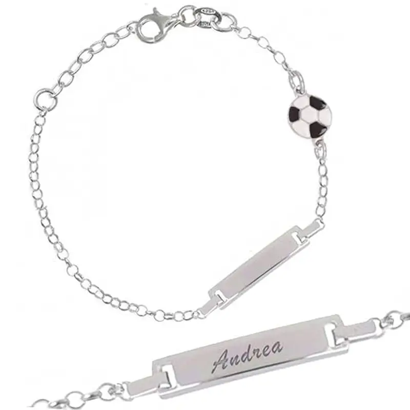 Bracciale in Argento 925 + Piastrina Personalizzabile con Nome + Pallone da Calcio Smaltato + Idea Regalo Bambino + Braccialetto Sportivo per Nascita, Battesimo, Comunione, Compleanno