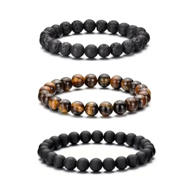 Bracciale Occhio di Tigre 8MM per Uomo e Donna - Set di Braccialetti Elasticizzati in Pietra Lavica e Naturale - Regolabile con Perline di Cristallo Nero - Idea Regalo