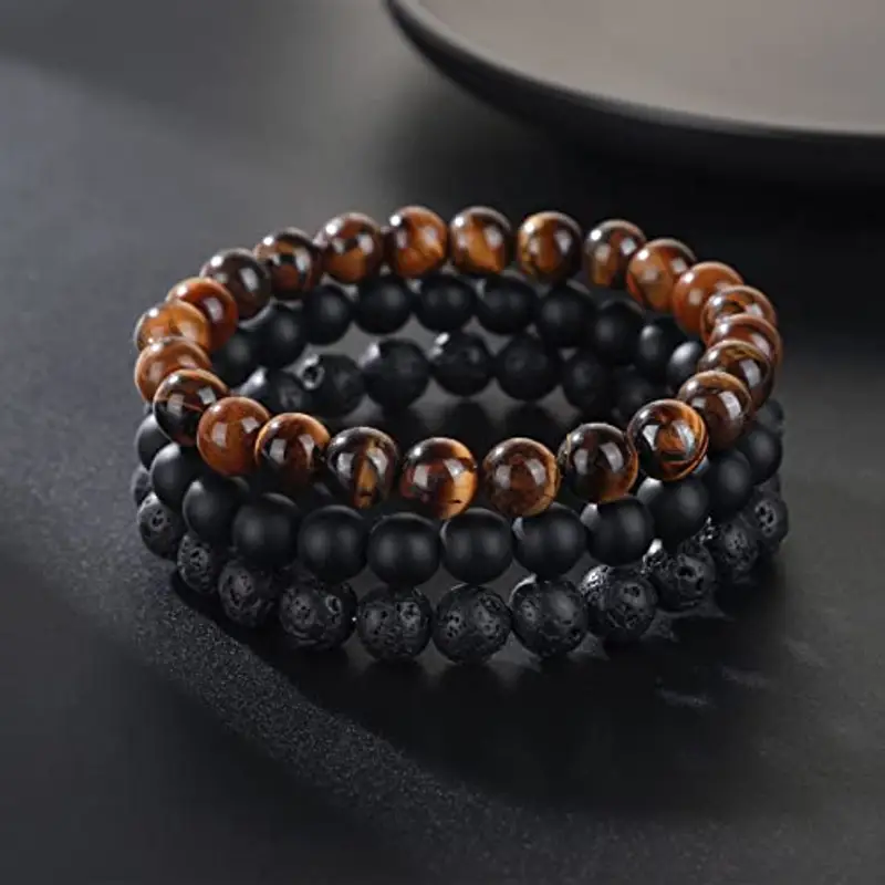 Bracciale Occhio di Tigre 8MM per Uomo e Donna - Set di Braccialetti Elasticizzati in Pietra Lavica e Naturale - Regolabile con Perline di Cristallo Nero - Idea Regalo miniatura 2