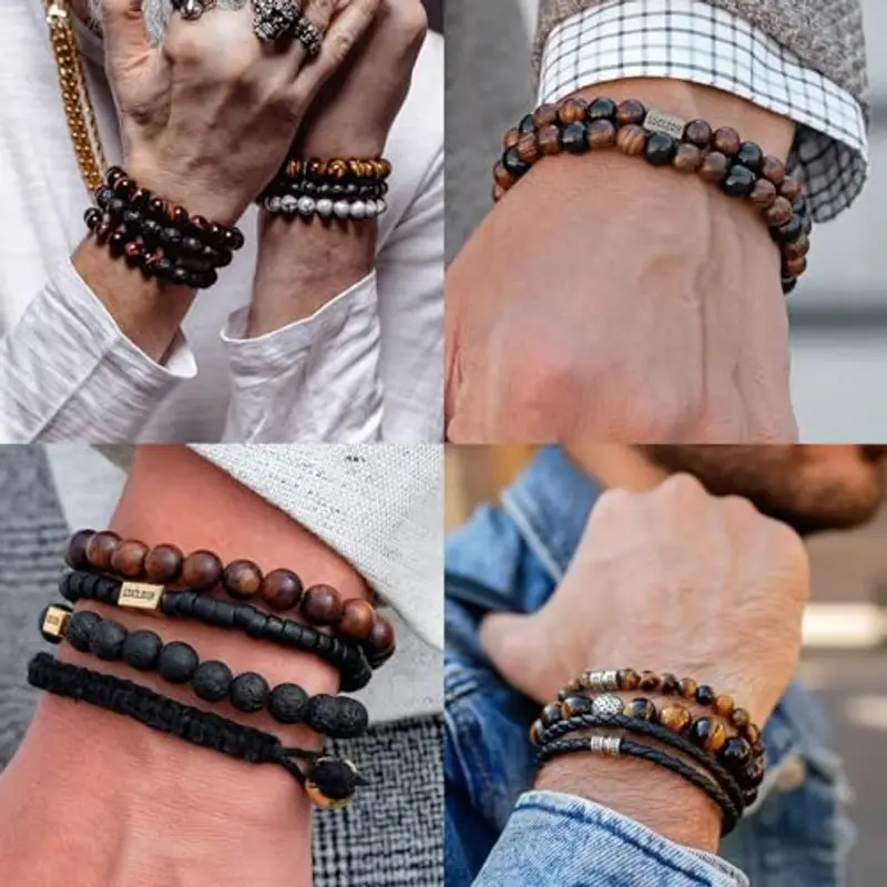 Bracciale Occhio di Tigre 8MM per Uomo e Donna - Set di Braccialetti Elasticizzati in Pietra Lavica e Naturale - Regolabile con Perline di Cristallo Nero - Idea Regalo miniatura 3