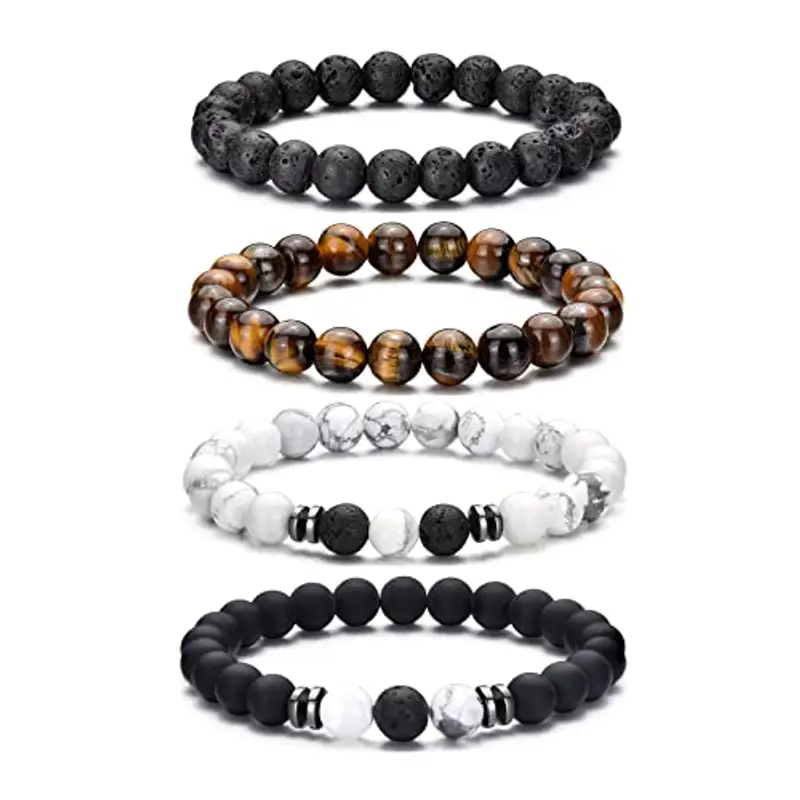 Bracciale Occhio di Tigre per Uomo 8MM Bracciale con Perline in Pietra Naturale Set Braccialetti Elasticizzati in Pietra Lavica Bracciale Regolabile con Perline di Cristallo Nero per Uomo Donna Regali