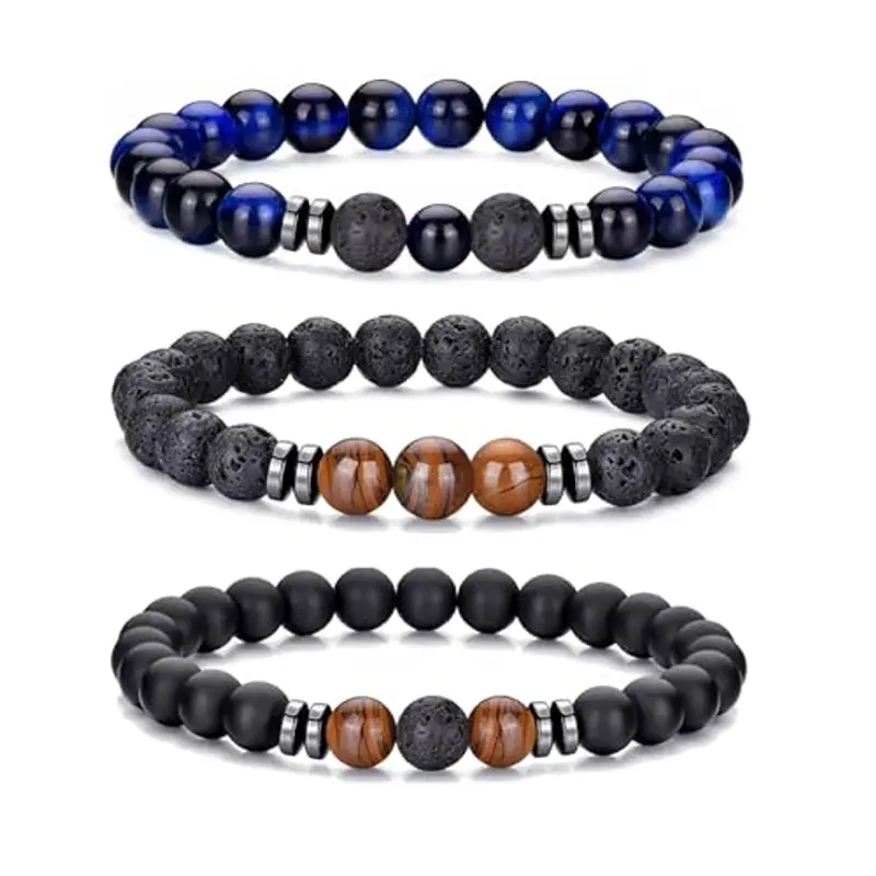 Bracciale Occhio di Tigre per Uomo 8MM Bracciale con Perline in Pietra Naturale Set Braccialetti Elasticizzati in Pietra Lavica Bracciale Regolabile con Perline di Cristallo Nero per Uomo Donna Regali